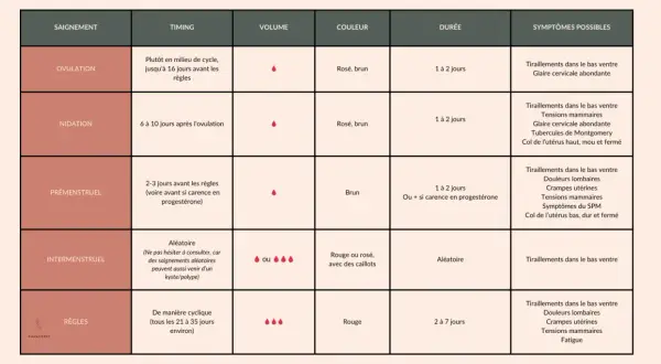 Tableau comparant les saignements : ovulation, nidation (possible saignement d'implantation), prémenstruel, intermenstruel et règles, avec leur timing, volume, couleur, durée et symptômes.