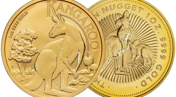 Dwie złote monety z wizerunkiem kangura i napisem "Kangaroo 1 oz Gold".