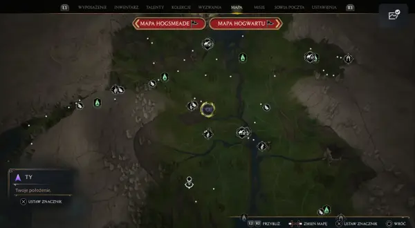 Mapa Hogwartu z zaznaczonymi platformami do lądowania w grze Hogwarts Legacy.