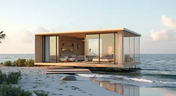 Nowoczesny dom z kontenerów na plaży, z przeszklonymi ścianami i widokiem na morze. Idealne miejsce na relaks.