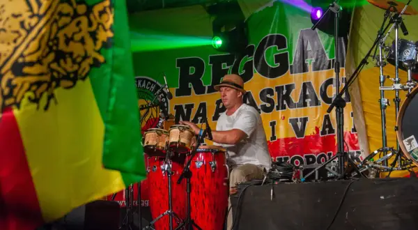 Perkusista polskiego zespołu reggae gra na congasach na scenie.
