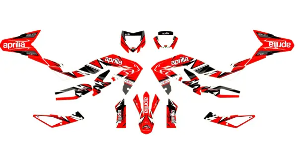 Kit adesivi Aprilia rossi e neri per personalizzare la tua moto. Segui le istruzioni per capire come attaccare un adesivo sulla macchina e dare un look racing.