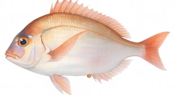 Une dorade rose aux reflets cuivrés, nageant paisiblement. Ses écailles délicates et ses nageoires rosées captivent le regard.