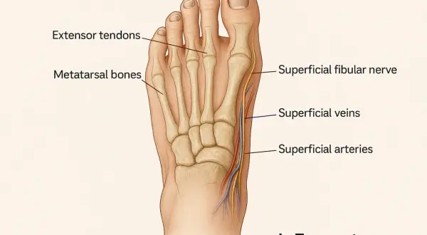 Anatomie du dessus du pied : os, tendons, nerf, veines et artères.