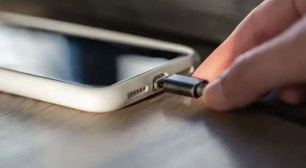 Une main insère un câble dans la connectique d'un iPhone 13, prêt à le recharger.