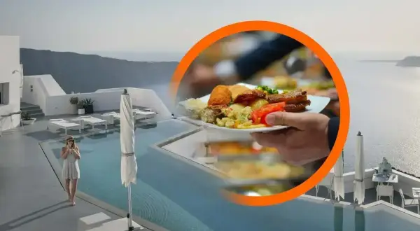 Luksusowe capri wczasy all inclusive: basen z widokiem na morze, kobieta relaksująca się i obfity bufet.
