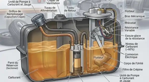 Schéma d'un réservoir de carburant montrant la pompe, le flotteur et le **fusible jauge carburant** qui indique le niveau.
