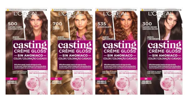 Cajas de tinte L'Oréal Casting Crème Gloss, un baño de color para canas sin amoniaco, con modelos de cabello castaño, rubio y chocolate.