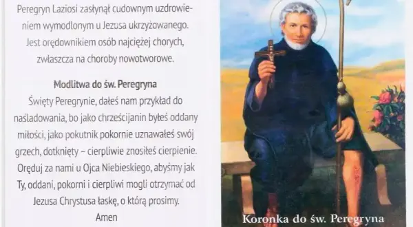 Św. Peregryn, patron chorych i cierpiących, z laską pielgrzyma i krzyżem. Jego przykład inspiruje do pokory i cierpliwości w chorobie.