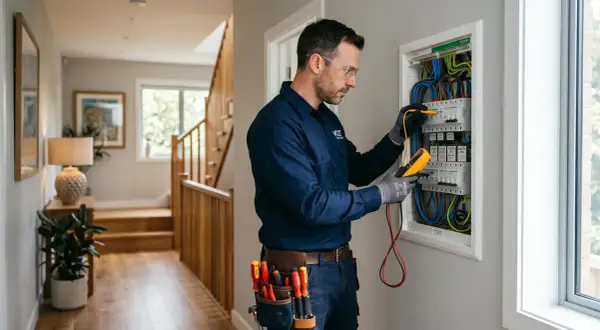 Elettricista controlla quadro elettrico, utile per capire come fare impianto elettrico casa.