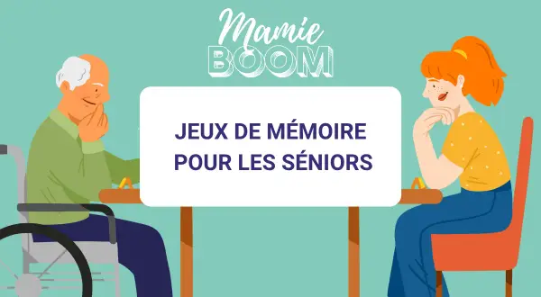 Un homme en fauteuil roulant et une jeune femme réfléchissent, prêts pour un exercice de mémorisation. Le texte "Jeux de mémoire pour les seniors" est affiché.