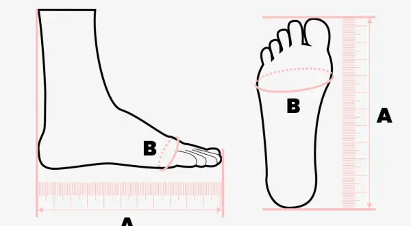 Illustrazione di un piede con indicazioni per la misura del piede in cm. La linea A indica la lunghezza, la B la circonferenza.