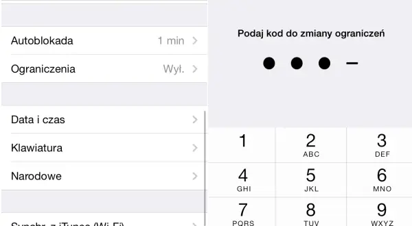 Ekran iPhone'a z ustawieniami: "Ograniczenia" włączone, prośba o podanie kodu do zmiany ograniczeń. Kontrola rodzicielska iPhone w akcji.