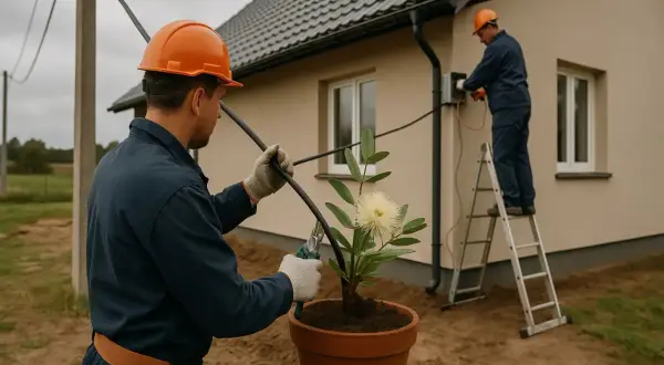 Pracownicy w kaskach podłączają dom do sieci energetycznej. Sprawdzają warunki przyłączenia do sieci energetycznej, dbając o bezpieczeństwo.