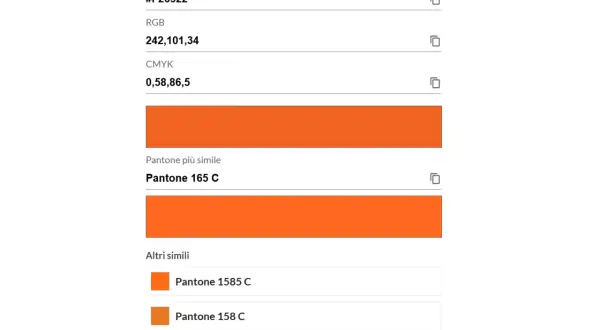 Dettagli del codice colori: HEX #F26522, RGB 242,101,34, CMYK 0,58,86,5. Pantone più simile: 165 C.