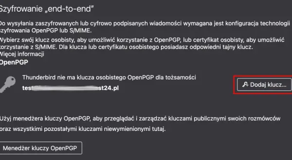 Konfiguracja szyfrowania OpenPGP w Thunderbird. Brak klucza osobistego dla tożsamości, opcja dodania klucza.