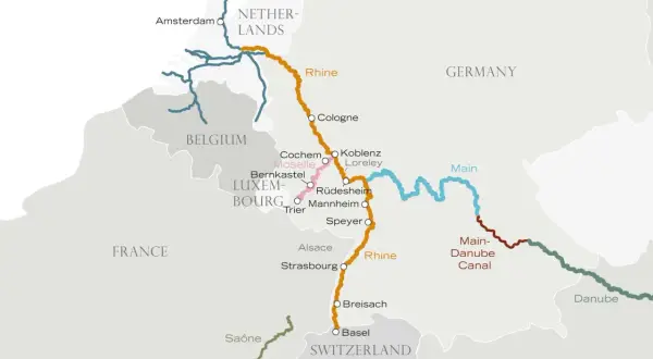 Karte zeigt Flussrouten von Amsterdam über den Rhein und Main bis zur Donau, mit Basel als südlichstem Punkt.