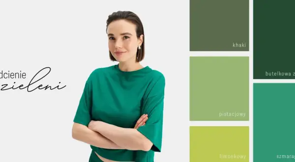 Modelka w zielonym topie. Paleta barw pokazuje, jaki kolor pasuje do ciemnozielonego: khaki, pistacjowy, limonkowy i szmaragdowy.