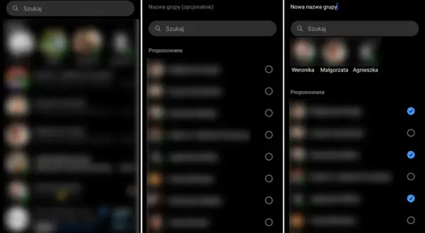 Jak dodać osobę do grupy na Messengerze? Ekran tworzenia nowej grupy, gdzie można wpisać nazwę i wybrać uczestników z listy kontaktów.