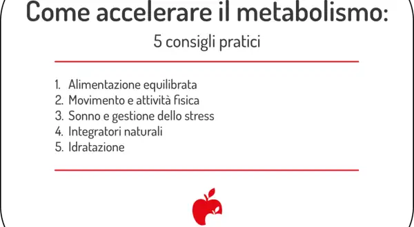 Come accelerare il metabolismo con 5 consigli pratici: alimentazione, movimento, sonno, integratori e idratazione. Logo Melarossa.