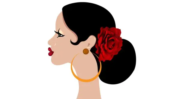 Perfil de mujer con moño flamenco, rosa roja y pendientes grandes.