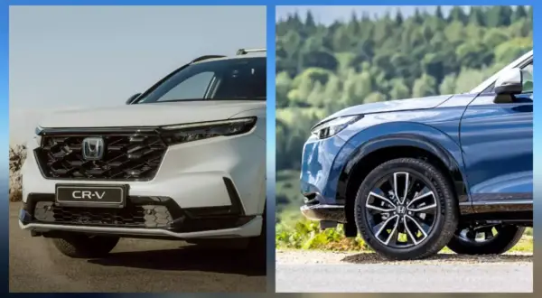 Dwa modele honda suv: biały CR-V i niebieski HR-V na tle krajobrazu.