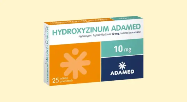 Opakowanie leku Hydroxyzine Adamed 10 mg. Stosowanie hydroksyzyny w ciąży wymaga konsultacji z lekarzem. 25 tabletek.