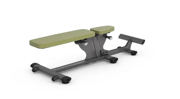 Verstellbare, universelle Hantelbank in Grau mit hellgrünen Polstern, bereit für dein nächstes Workout.