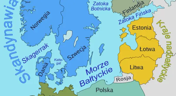 Mapa Morza Bałtyckiego z zaznaczonymi krajami: Polska, Niemcy, Dania, Szwecja, Norwegia, Finlandia, Estonia, Łotwa, Litwa i Rosja.
