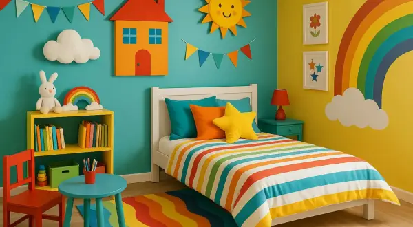 Une peinture de chambre garçon joyeuse avec un lit rayé, un arc-en-ciel, un soleil et des nuages.