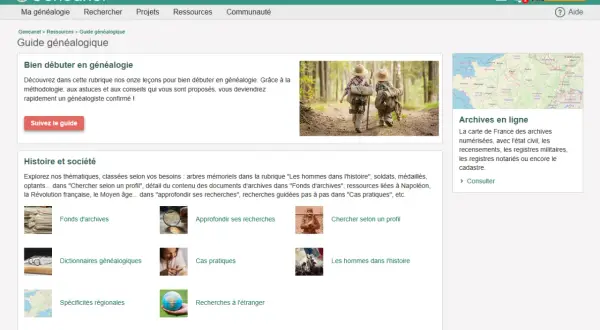 Guide généalogique sur Geneanet : conseils pour débuter, histoire, archives en ligne et plus.