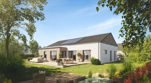 Moderner Bungalow mit Solaranlage und Terrasse im Grünen. Hier erfahren Sie, was kostet ein Bungalow dieser Art.