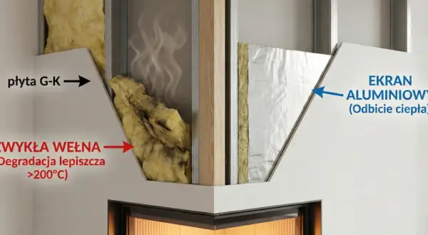 Przekrój ściany przy kominku: płyta G-K, wełna mineralna i ekran aluminiowy odbijający ciepło.