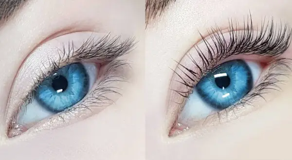 Przed i po zabiegu. Po lewej nieudana laminacja rzęs, po prawej efekt wow!