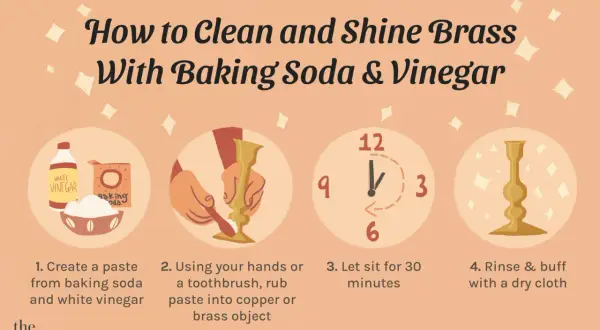Learn how to clean brass with baking soda and vinegar. The graphic shows steps: make a paste, scrub, let sit, and buff for a shine.