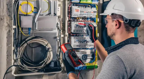 Elektryk w kasku wykonuje przegląd instalacji elektrycznej, używając multimetru do pomiarów.