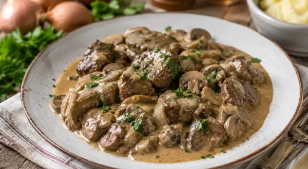Délicieux rognon de veau en sauce crémeuse aux champignons, garni de persil frais. Un plat réconfortant.