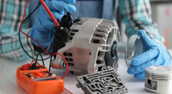 Mechanik w niebieskich rękawiczkach bada alternator samochodowy, sprawdzając, ile miedzi jest w alternatorze samochodowym. Obok leży multimetr i tłok.