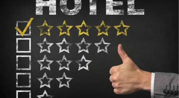 Ocena hotelu: zaznaczony pierwszy kwadrat i jedna złota gwiazdka. Kciuk w górę oznacza zadowolenie z pobytu.