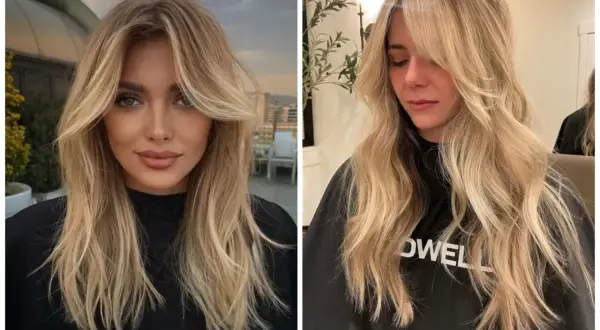 Dwie kobiety z blond włosami i stylowymi curtain bangs, które podkreślają ich rysy twarzy.