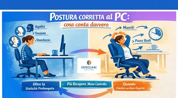 Illustrazione che mostra la postura corretta per studiare al PC: da una seduta rigida e stanca a pause e movimento per un recupero efficace.
