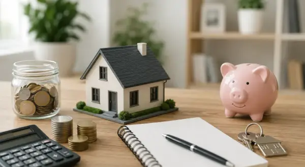 Planifica cómo comprar una casa sin ahorros: casa modelo, alcancía, calculadora, monedas y llaves.