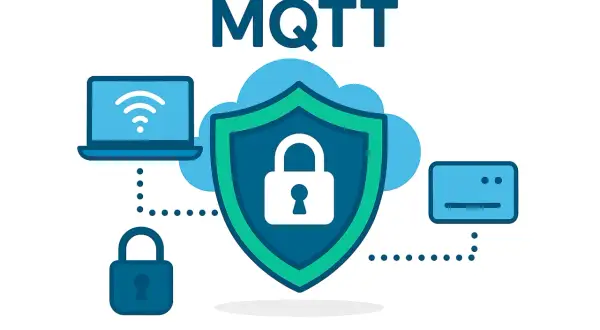 Bezpieczny broker MQTT chroni dane z laptopa i urządzenia IoT za pomocą ikony kłódki i tarczy.