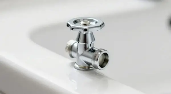 Chromowany zawór kątowy na białej ceramice. Może być przyczyną, że spłuczka nie pobiera wody.