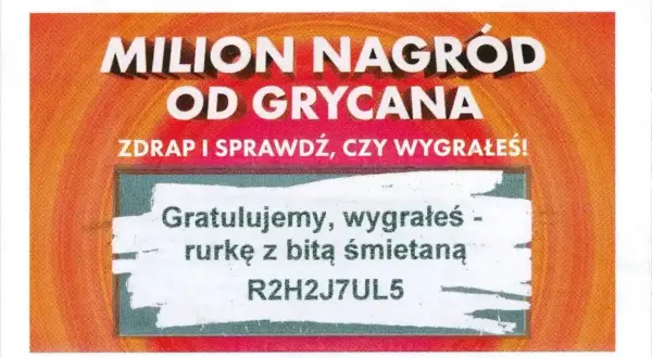 Zdrapka z napisem "Milion nagród od Grycana", gratulacją i kodem.