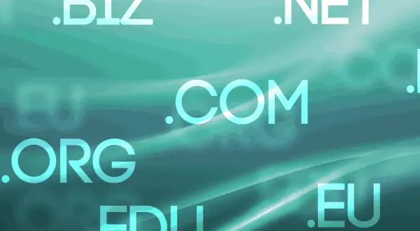 Dominios .com, .org, .net, .biz, .edu y .eu flotando en un fondo verde azulado. Ideal para vender un dominio.