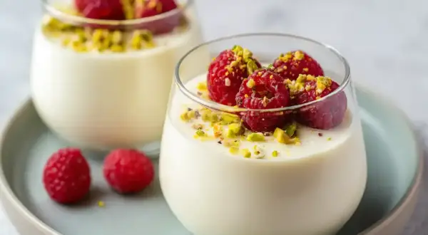 Två glas med len pannacotta vit choklad, toppade med hallon och pistagenötter. En dröm för smaklökarna!