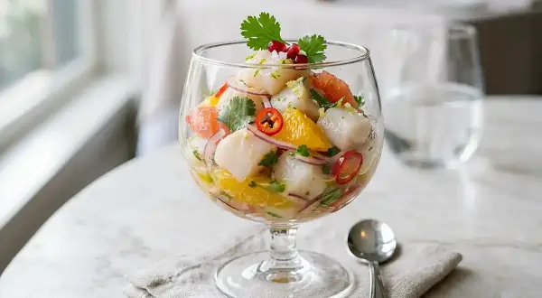 Un délicieux ceviche de Saint-Jacques, plein de saveurs d'agrumes et de piment, prêt à être dégusté. Une recette ceviche parfaite pour l'été.