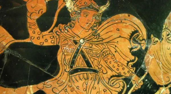 Orphée aux Enfers, figure mythologique en tenue de guerrier, arc à la main, sur une poterie antique.