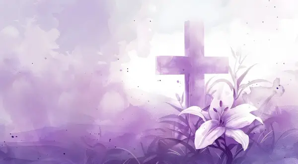 Fioletowy krzyż i lilia na tle akwarelowych chmur. Jak w psalmie 86, nadzieja rozkwita.